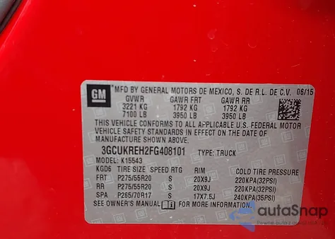 2015 Chevrolet Silverado 1500 1Lt из США, поврежденный, VIN 3GCUKREH2FG408101